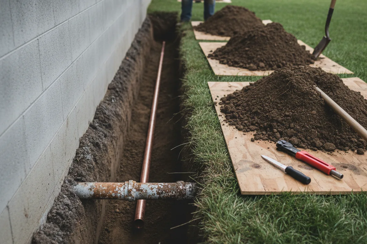 Excavated water line trench during Water Softener Installation in Kenai